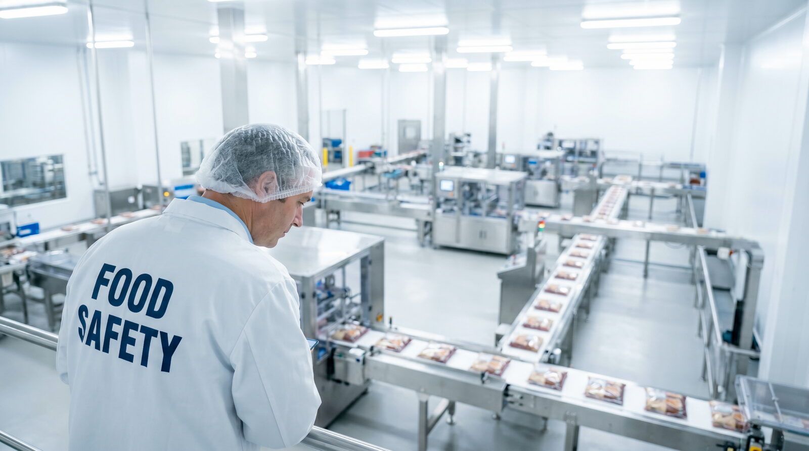 Clean factory room with food safety worker on the line